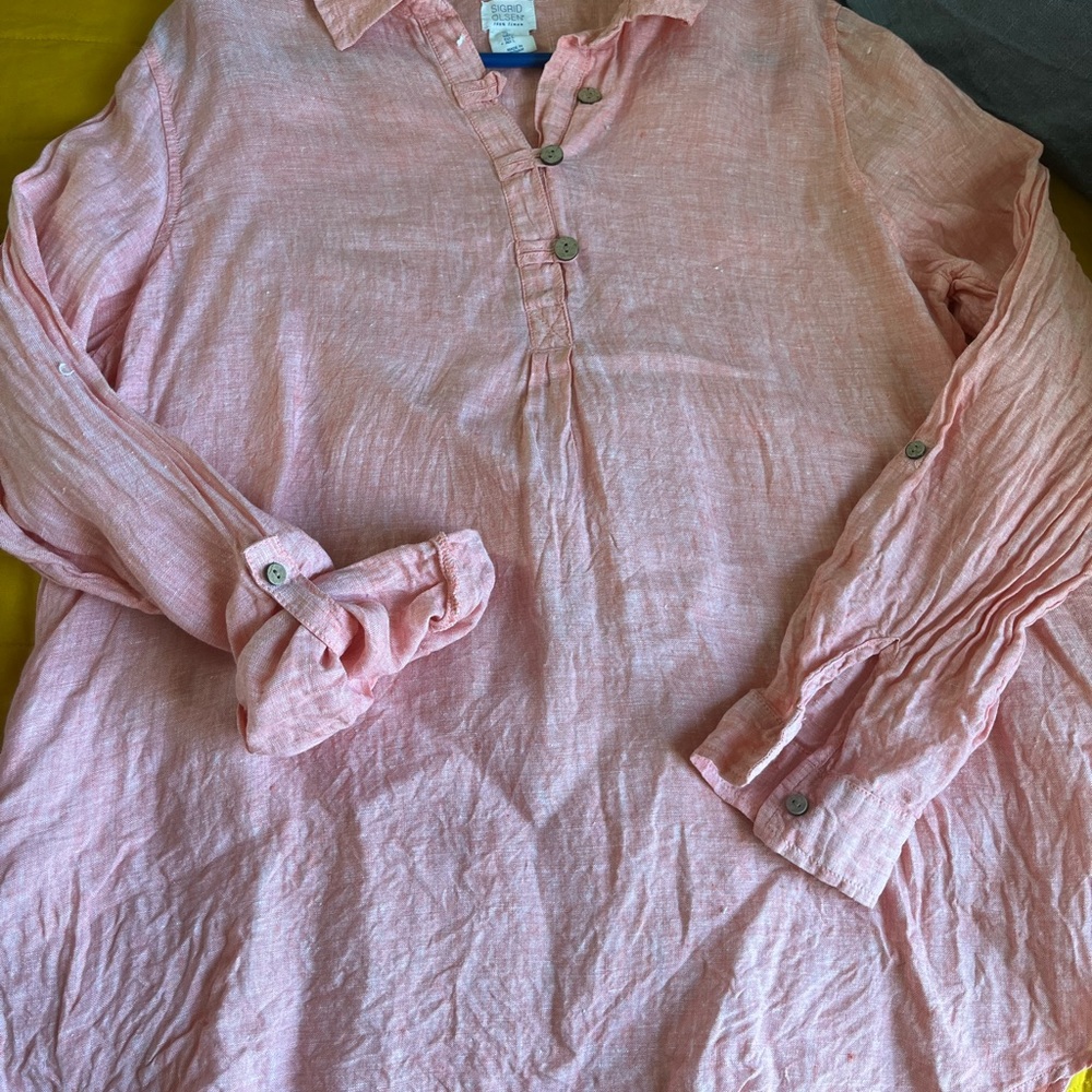 Sigrid Olsen Linen Half Button Top - Melon Size L… - image 3